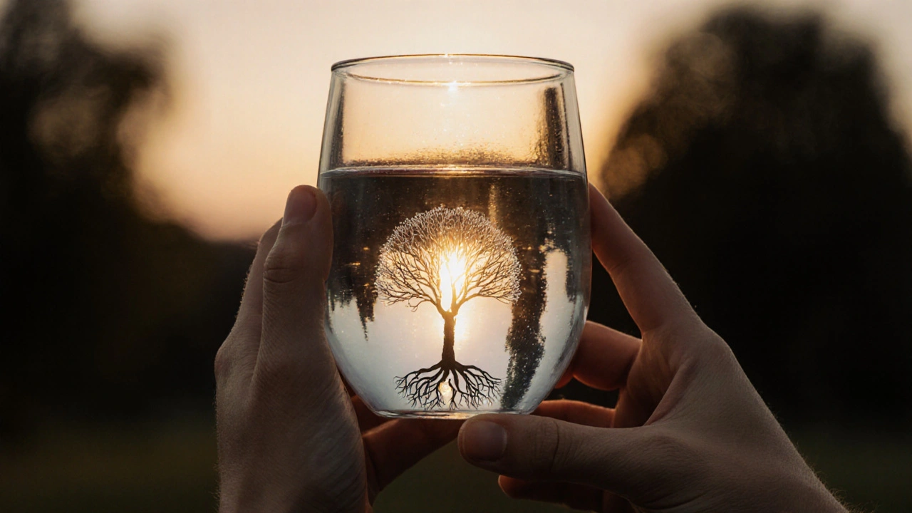 Ruce drží sklenici vody, z ní roste strom symbolizující obnovu těla a mysli.