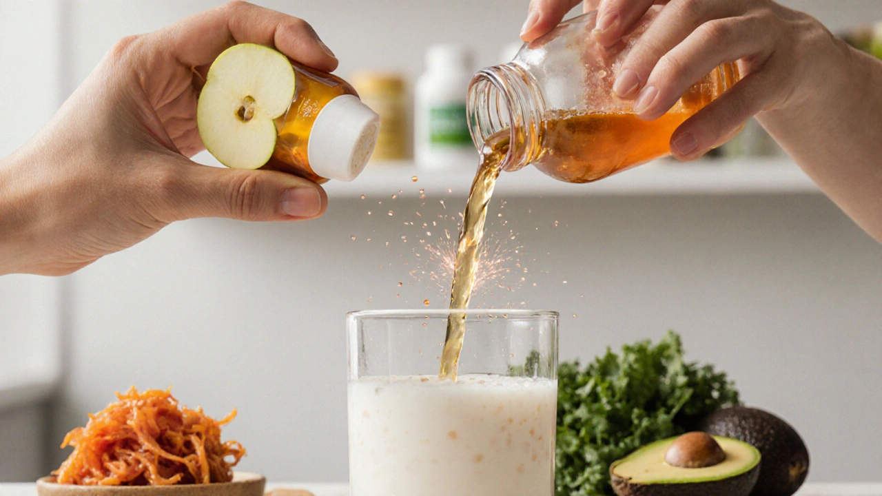 Ruce kombinují vitamín D s fermentovaným džusem a kefírem pro lepší vstřebávání.