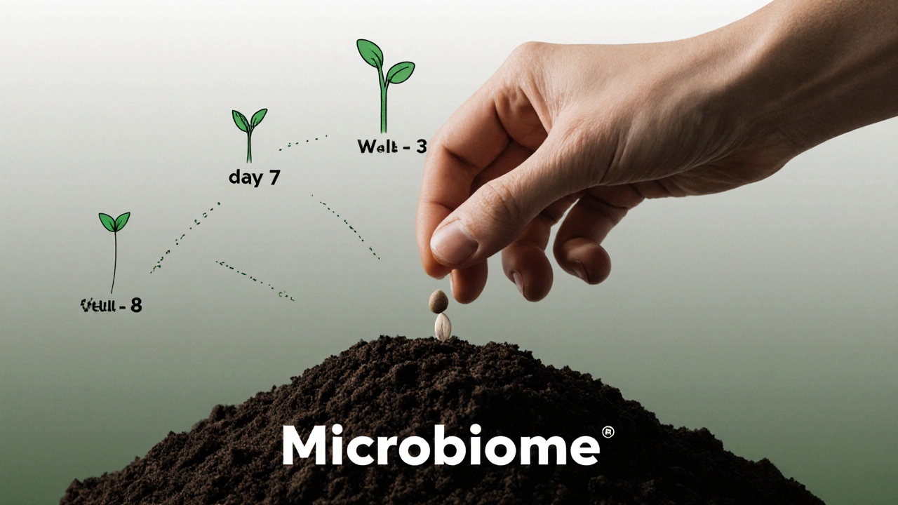 Růst rostliny ve třech fázích symbolizující postupné působení probiotik na zdraví střev.