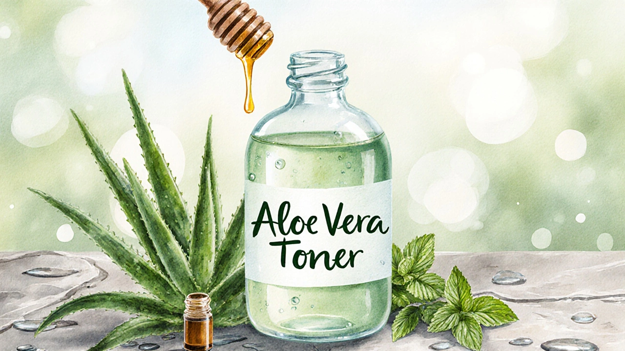 Skleněná láhev s domácí pleťovou vodou z aloe vera s medem a olejem.