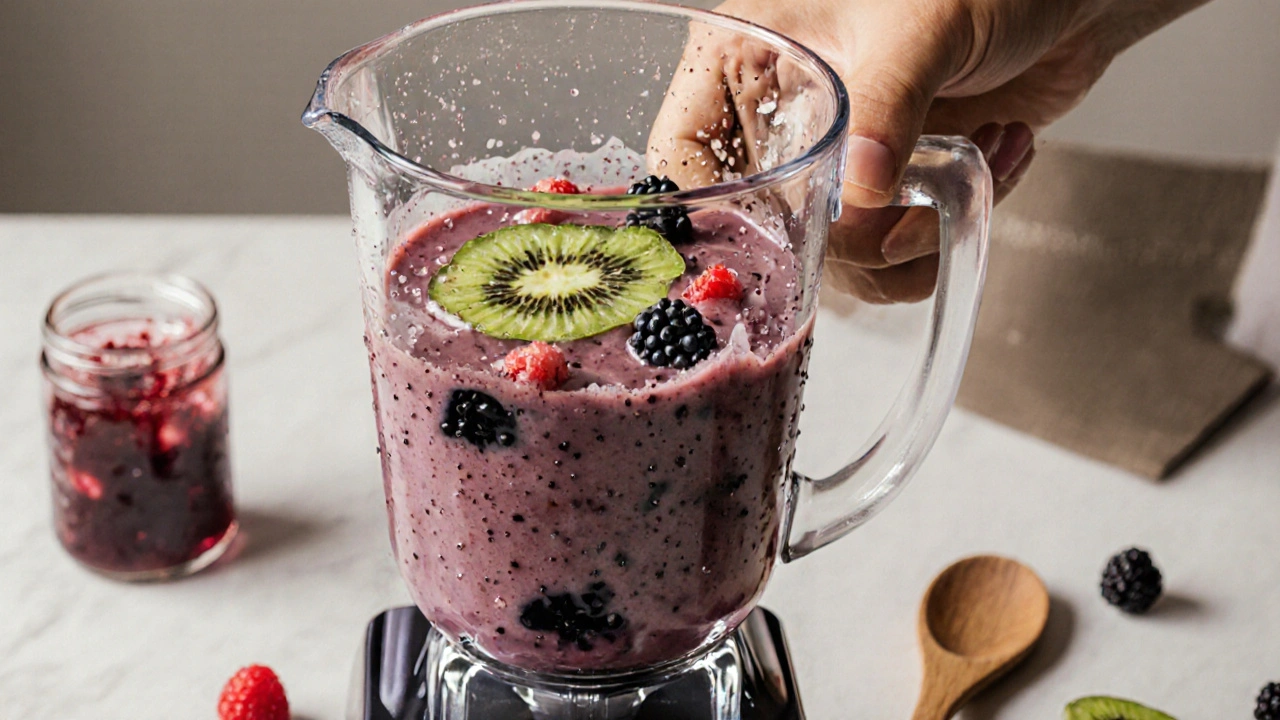 Smoothie z černého rybízu, malin a kiwi v sklenici na kuchyňském stole.