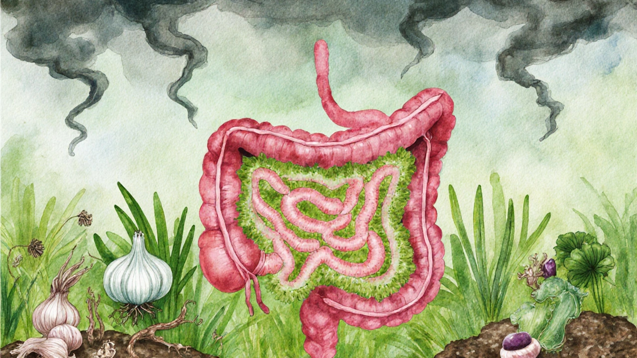 Střevo jako zahrada s přírodními prebiotiky a zdravými bakteriemi, antibiotika jako bouřka.