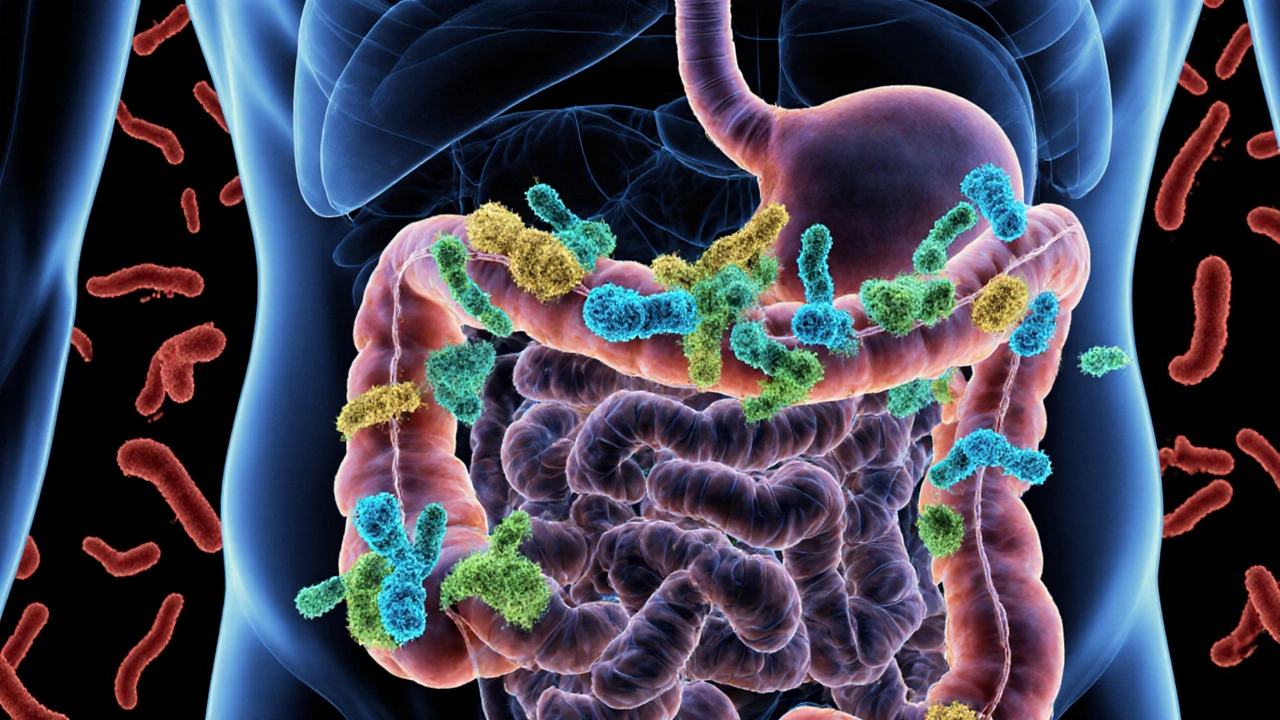 Symbolický obraz střev s prospěšnými bakteriemi, které bojují proti účinkům antibiotik.
