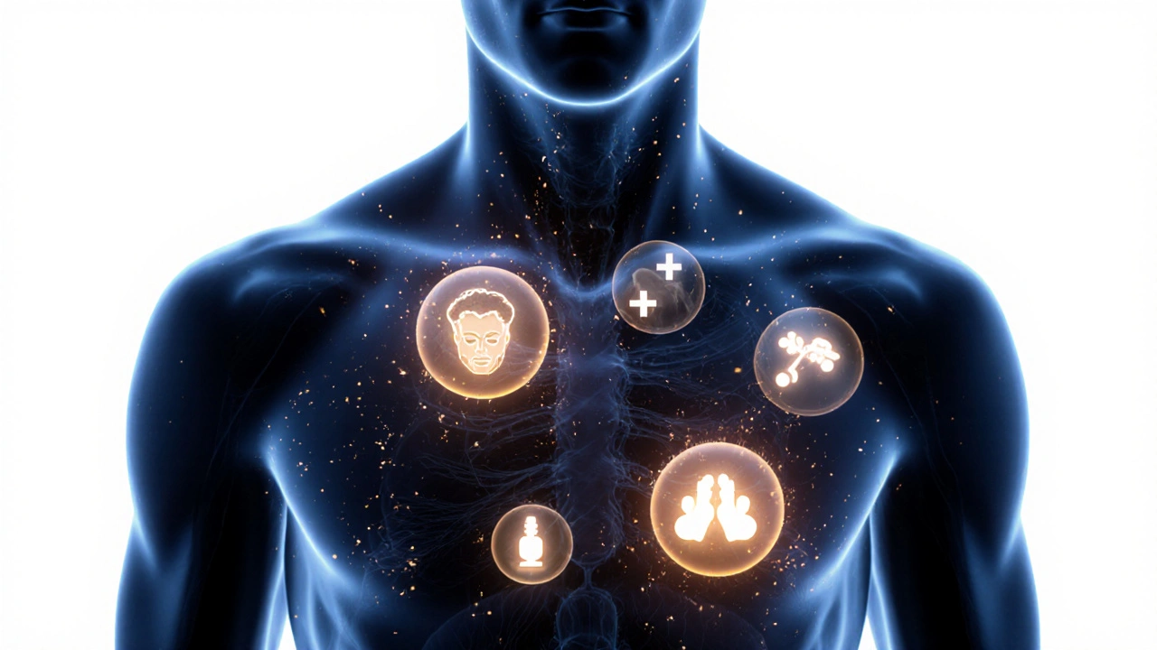 Tělesný kontur s viditelnými hormonálními signály a chloupky rostoucími na citlivých místech.