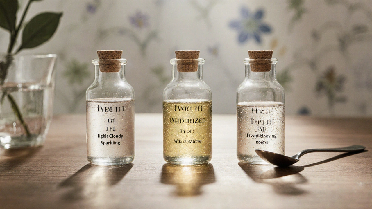 Tři skleněné lahvičky s různými typy kolagenu na dřevěném stole s vodou a lžičkou.