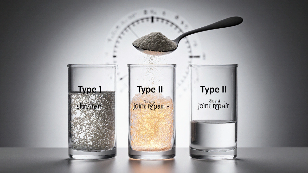 Tři skleněné nádoby s různými typy kolagenu, z nichž jen typ II ukazuje husté, aktivní vlákna pro klouby.