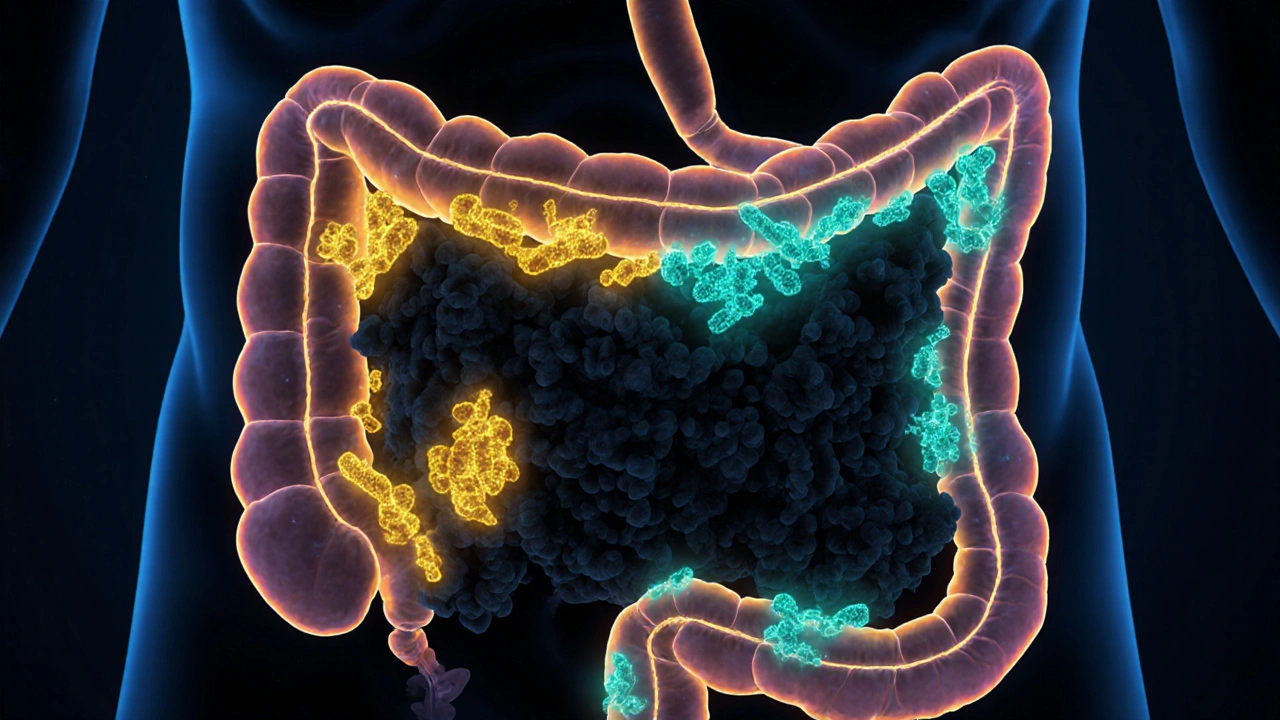 Vnitřek střev s jasně zářícími užitečnými bakteriemi obnovujícími rovnováhu.