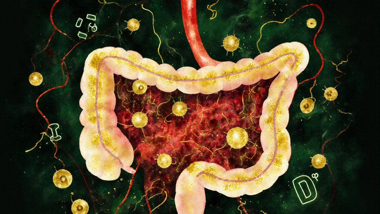 Vnitřní pohled na střeva s probiotiky a vitamínem D, které spolupracují při vstřebávání.
