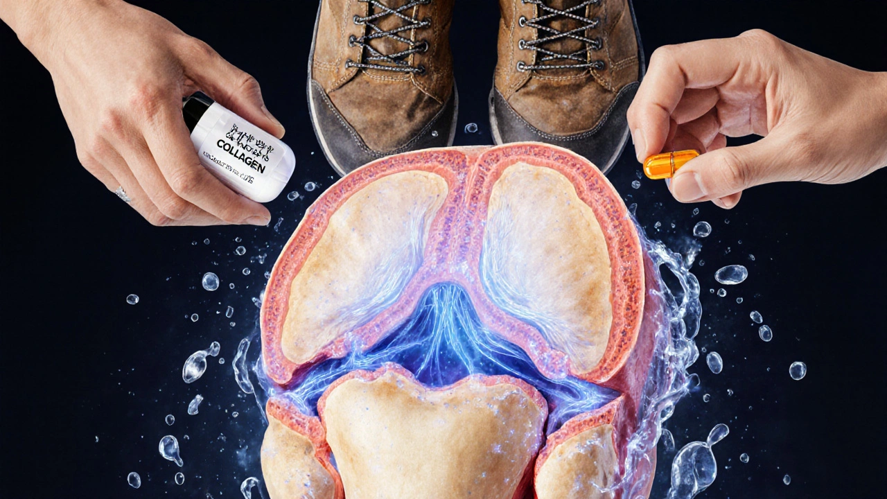 Vnitřní výřez lidského kolena s viditelnými kolagenovými vlákny a kloubní tekutinou, podporovanými doplňkem stravy.