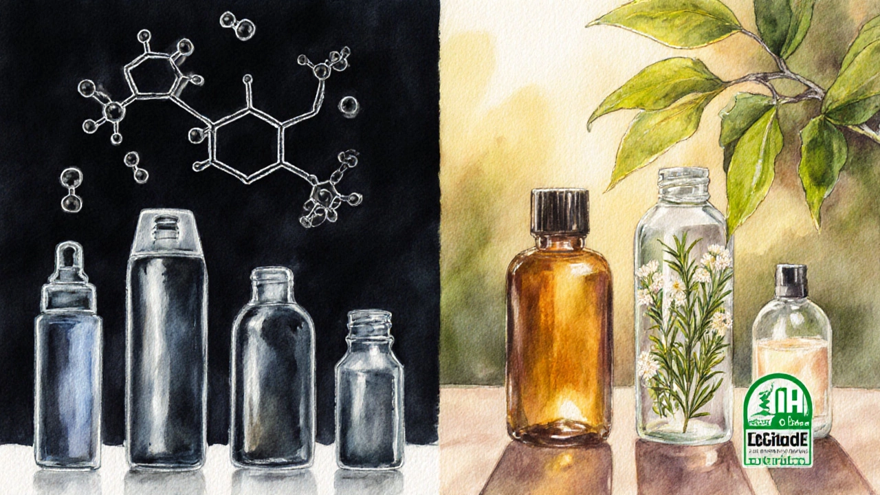 Vodová barva ilustrující rozdíl mezi syntetickou a přírodní kosmetikou pro vlasy.