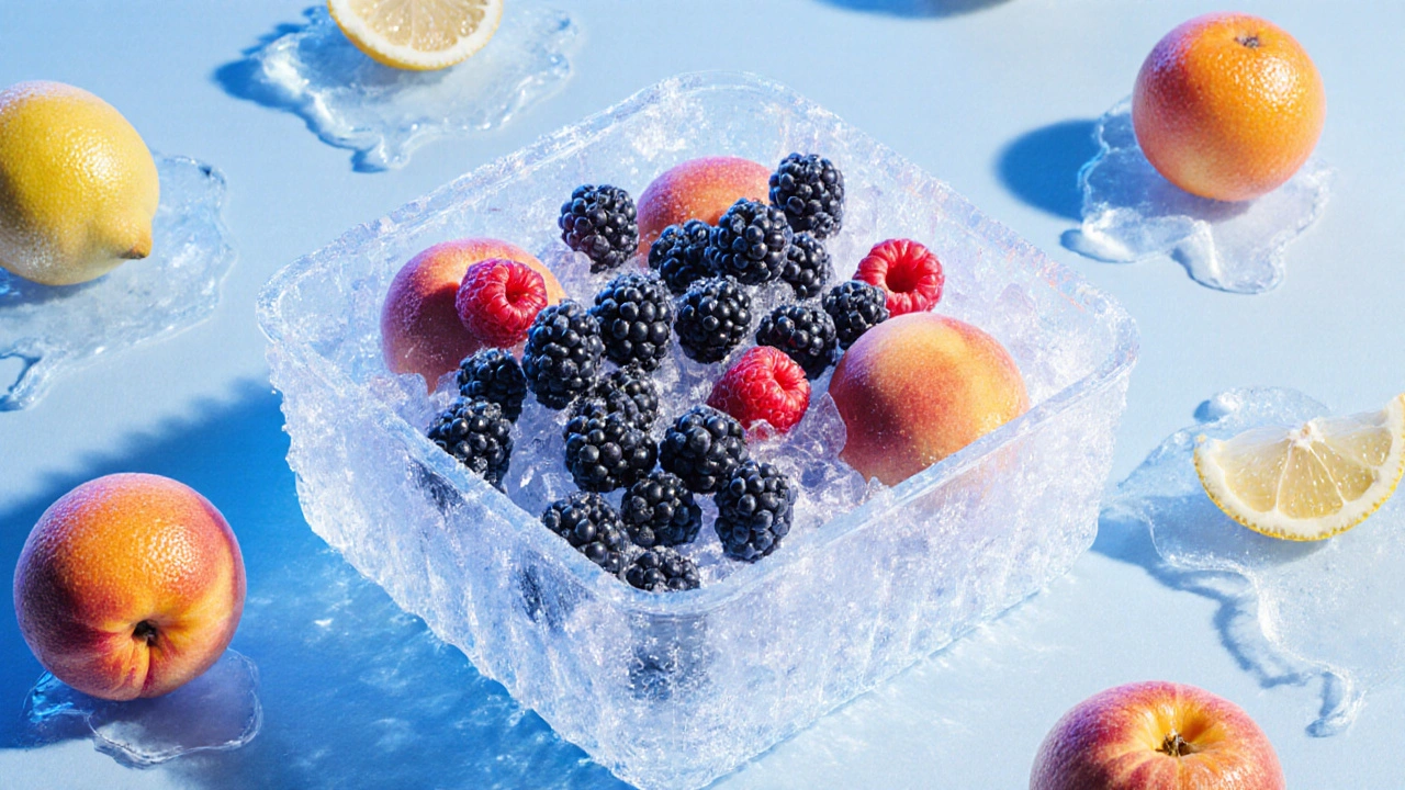 Zamrazené ovoce v krystalickém ledu, citrusy se tají v pozadí.