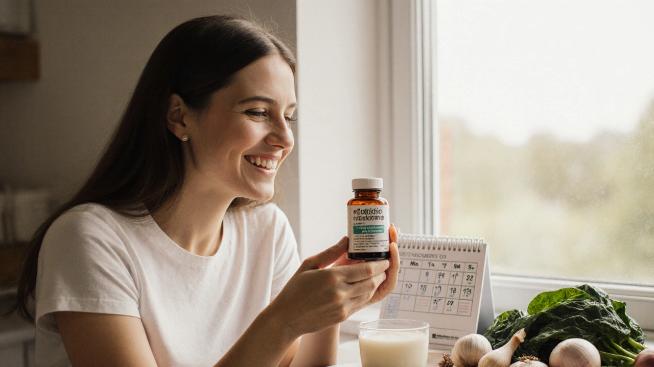 Žena drží probiotikum vedle zdravých potravin jako jogurt, česnek a špenát v teplém světle.