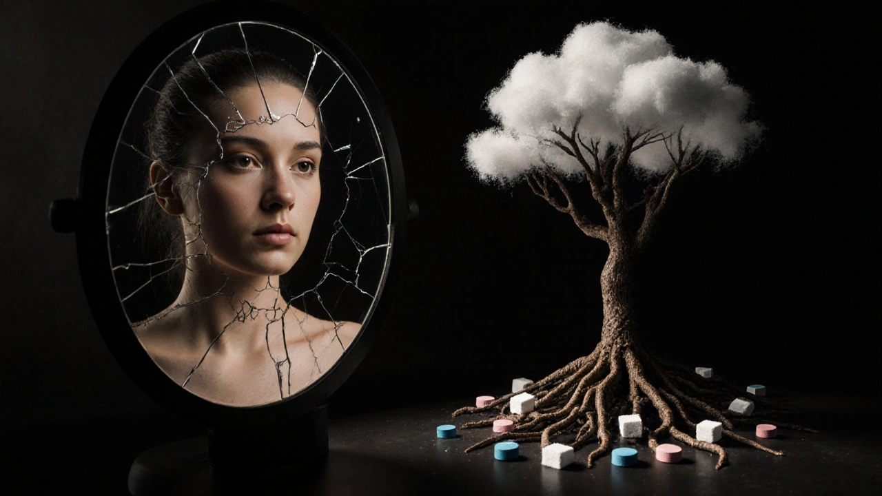 Žena před zrcadlem, kde jedna strana zobrazuje hladkou pokožku, druhá chloupky a hormonální příčiny.