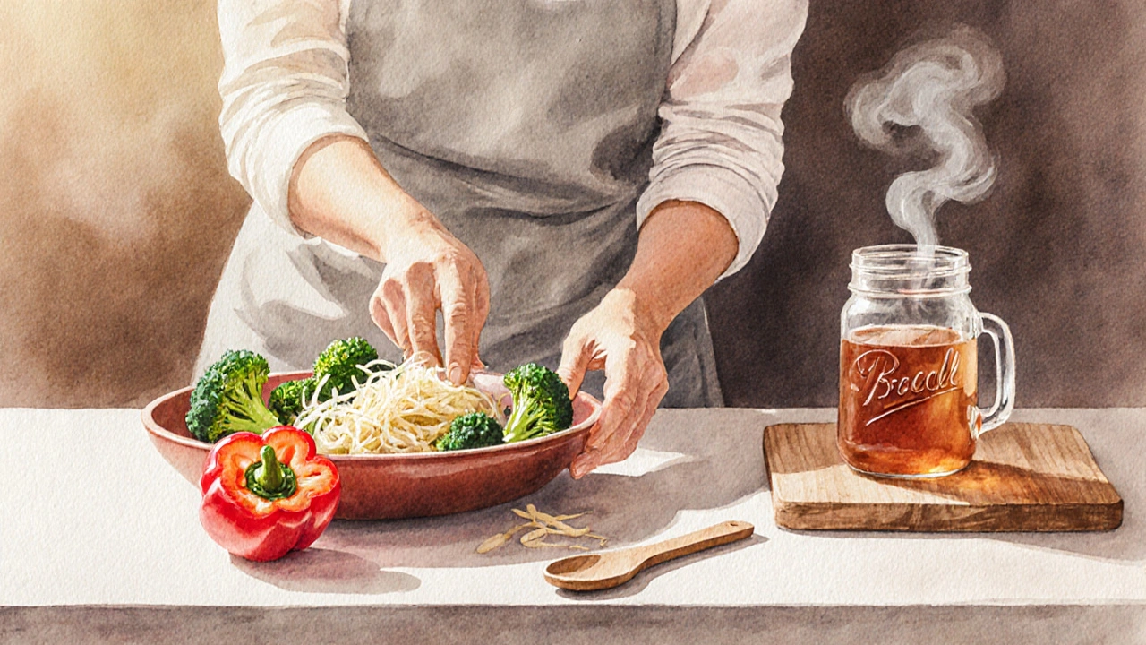 Žena připravuje salát z červené papriky a kyselé kapusty v české kuchyni.