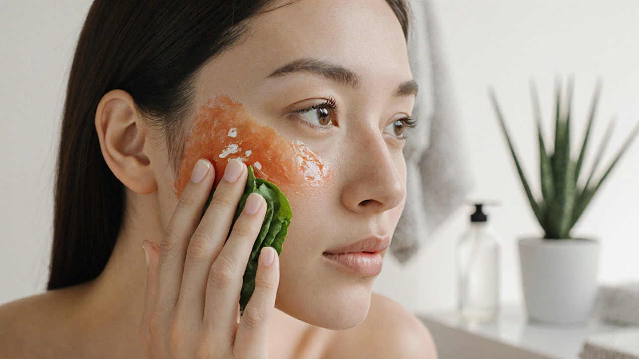 Žena si jemně nanáší aloe vera tonikum na obličej s klidným výrazem.