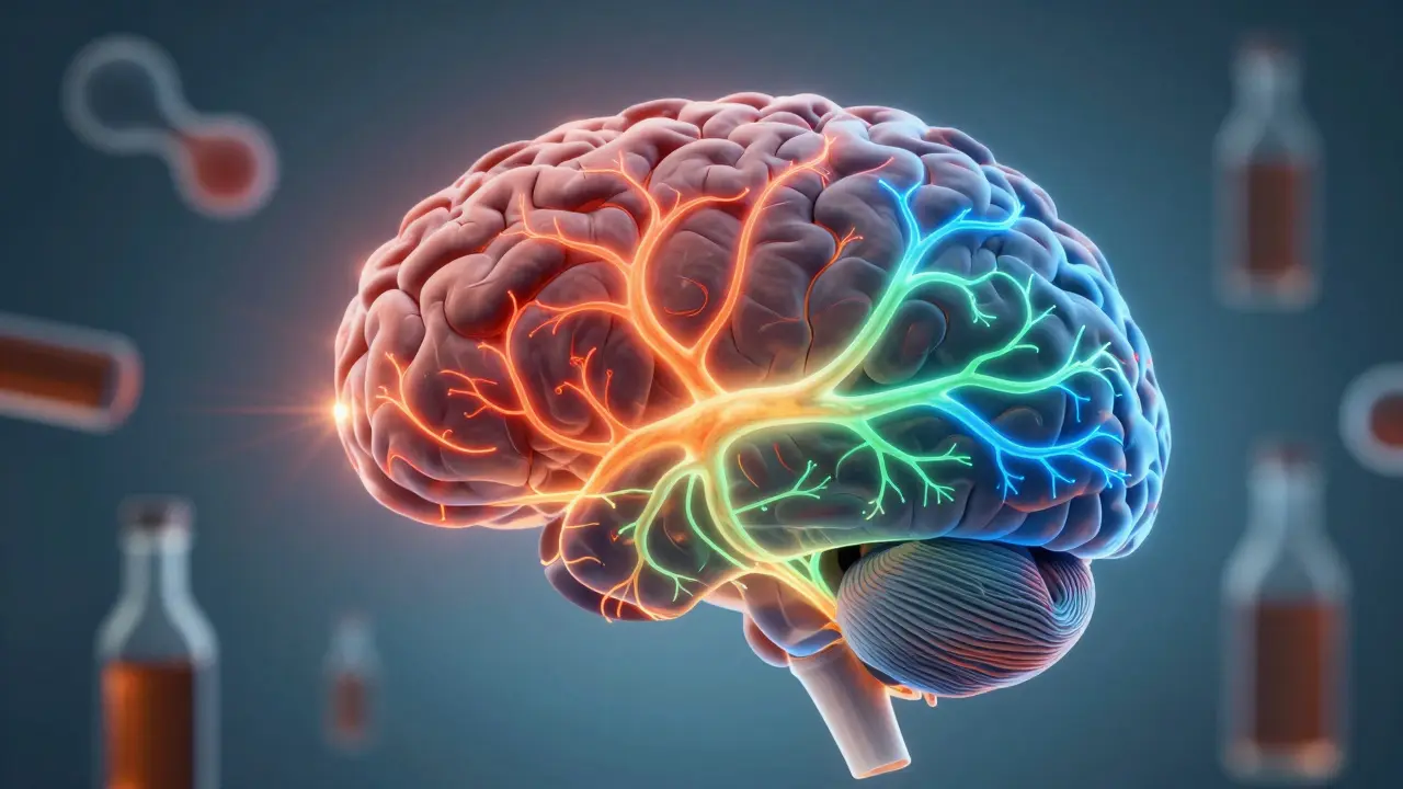 Abstraktní ilustrace mozku, kde se nervové dráhy obnovují po přestání s alkoholem.