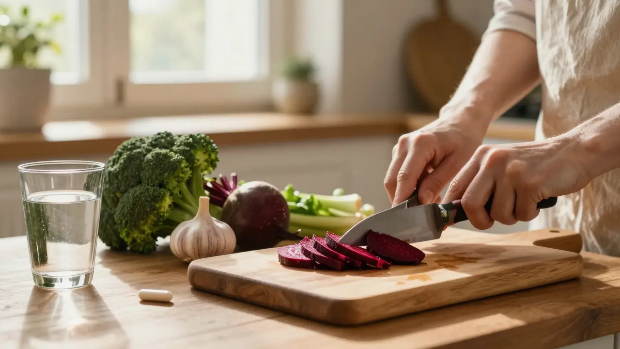 Čerstvé zeleniny a voda na kuchyňském stole jako základ obnovy střevní mikroflóry.