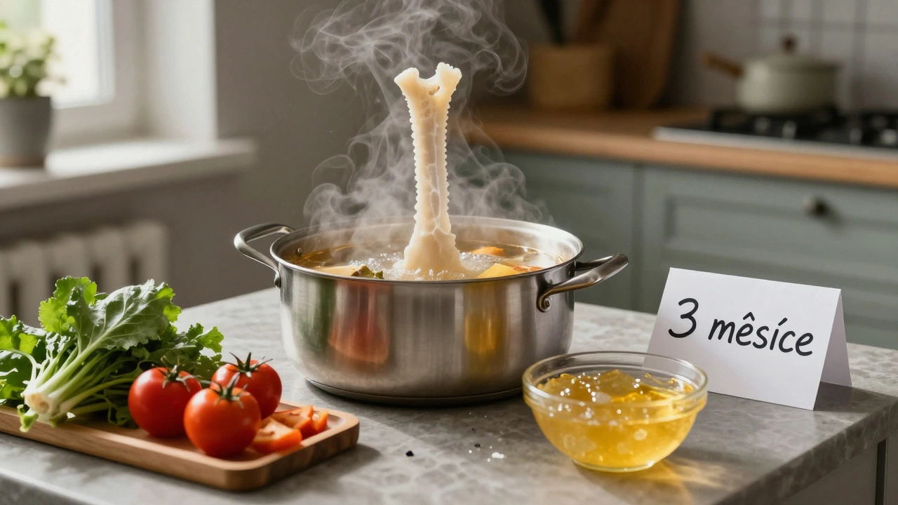Domácí vývar z kostí na kontráši s listem &#039;3 měsíce&#039; a přirozenými surovinami
