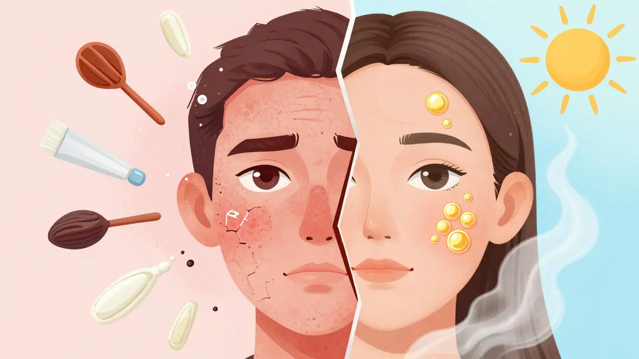 Dvě části obličeje: jedna zarudlá s agresivními látkami, druhá klidná s obnovujícími složkami.