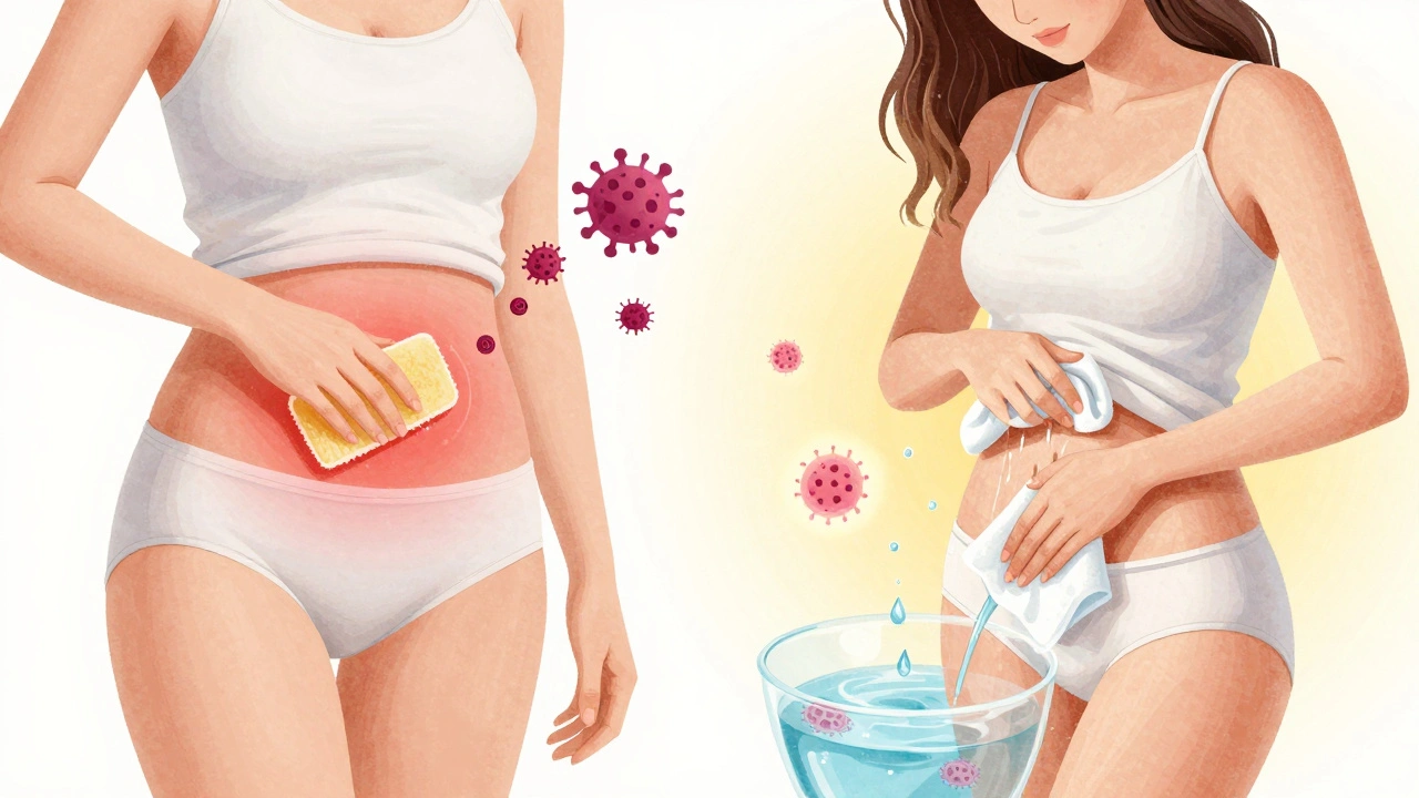 Dvě srovnávací scény: špatná hygiena s syntetickými kalhotkami vs. správná péče s bavlnou a chladným obkladem.