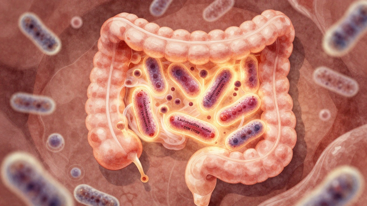 Illuminovaný lidský střevní trakt s prospěšnými laktobacily podporujícími imunitu.