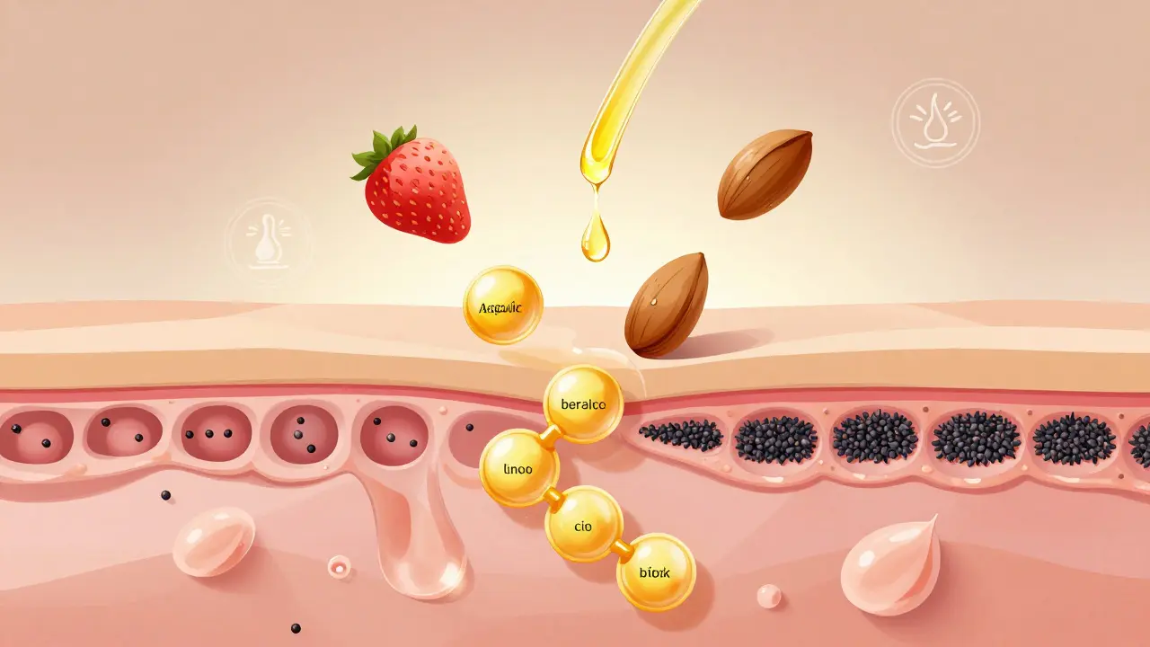 Ilustrace kůže s mastnými kyselinami opravujícími kůžní bariéru.