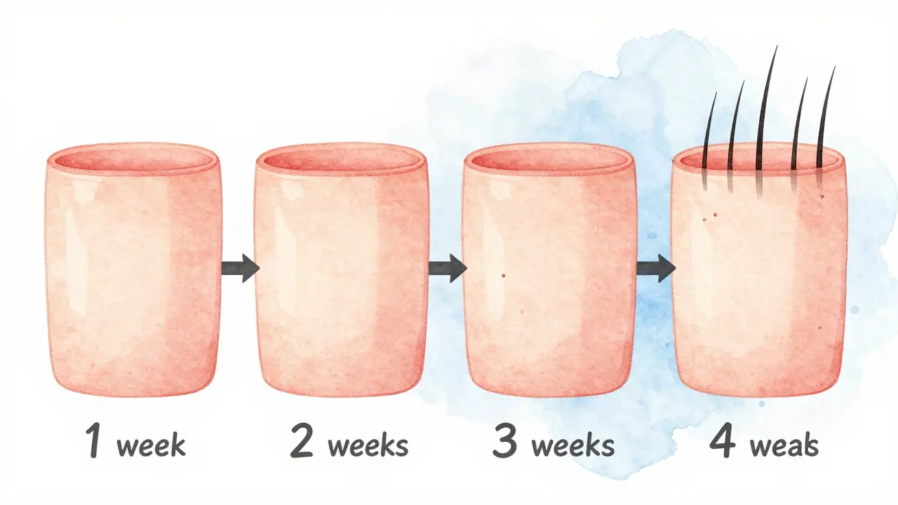 Ilustrace postupného růstu vlasů po epilaci ve čtyřech fázích.