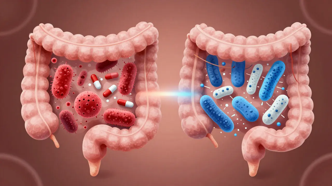 Ilustrace střeva s bojováním škodlivých a užitečných bakterií při užívání antibiotik a probiotik.