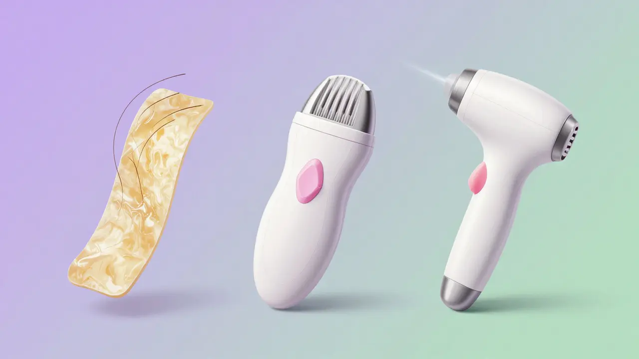 Koncepční obraz tří metod depilace: vosk, strojek a laser v mírných tónách.