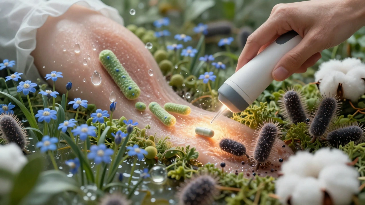 Koncepční obrázek vaginálního mikrobiomu jako zahrady s užitečnými bakteriemi a probiotiky, symbolizující obnovu zdraví.