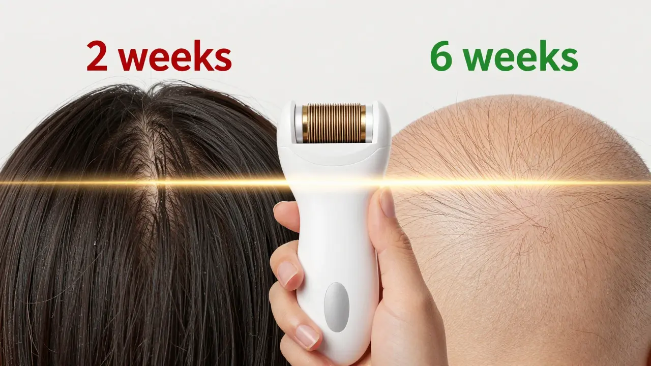 Kontrast mezi rychlým a pomalým růstem vlasů po epilaci s vyznačenými časy.