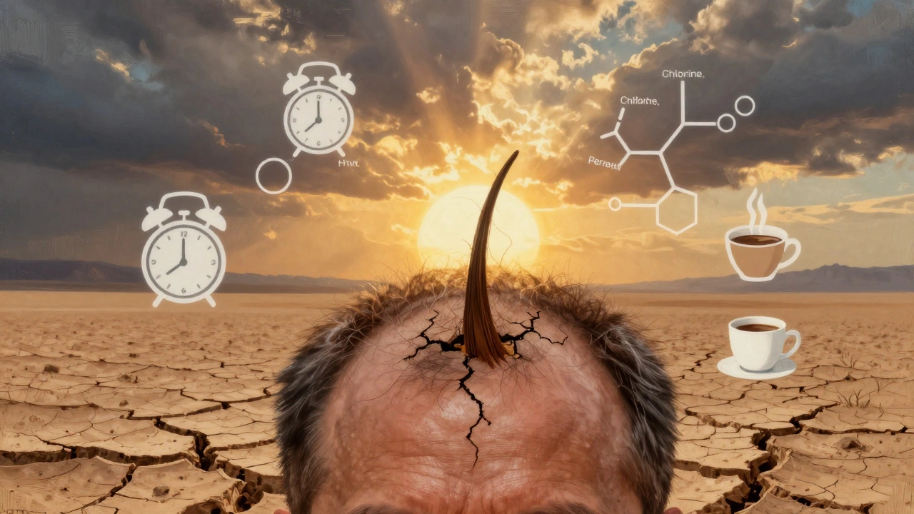 Kořínky vlasů jako vyčerpaná krajina s příznaky stresu a poškození