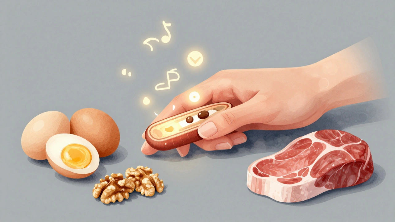 Křehký neht s chybějícími výživovými prvky, kolem něj zdravé potraviny jako vajíčka a ořechy.