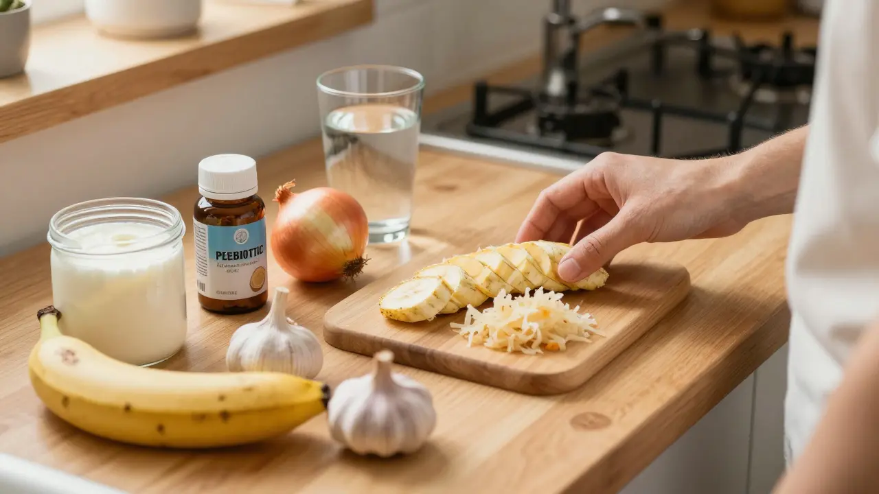 Kuchyně s prebiotickými a fermentovanými potravinami podporujícími střevní mikroflóru po antibiotikách.