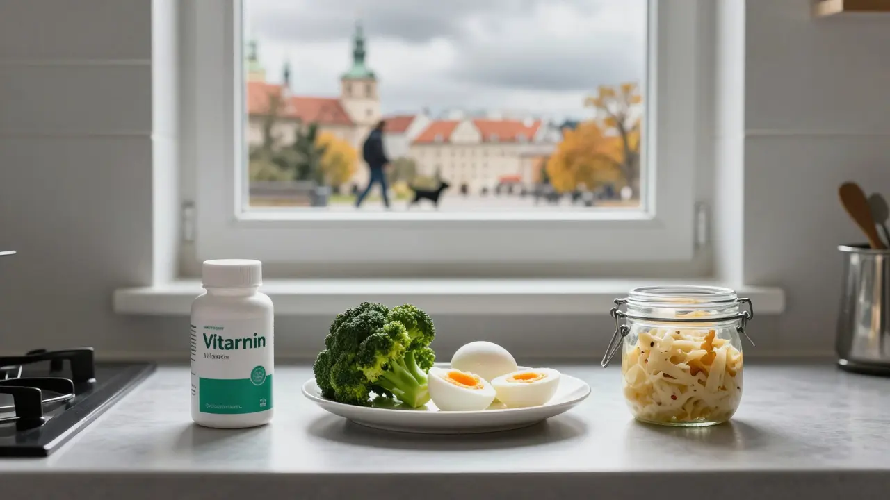 Kuchyňský stolek s kvalitním doplňkem a potravinami bohatými na vitamíny v českém prostředí.