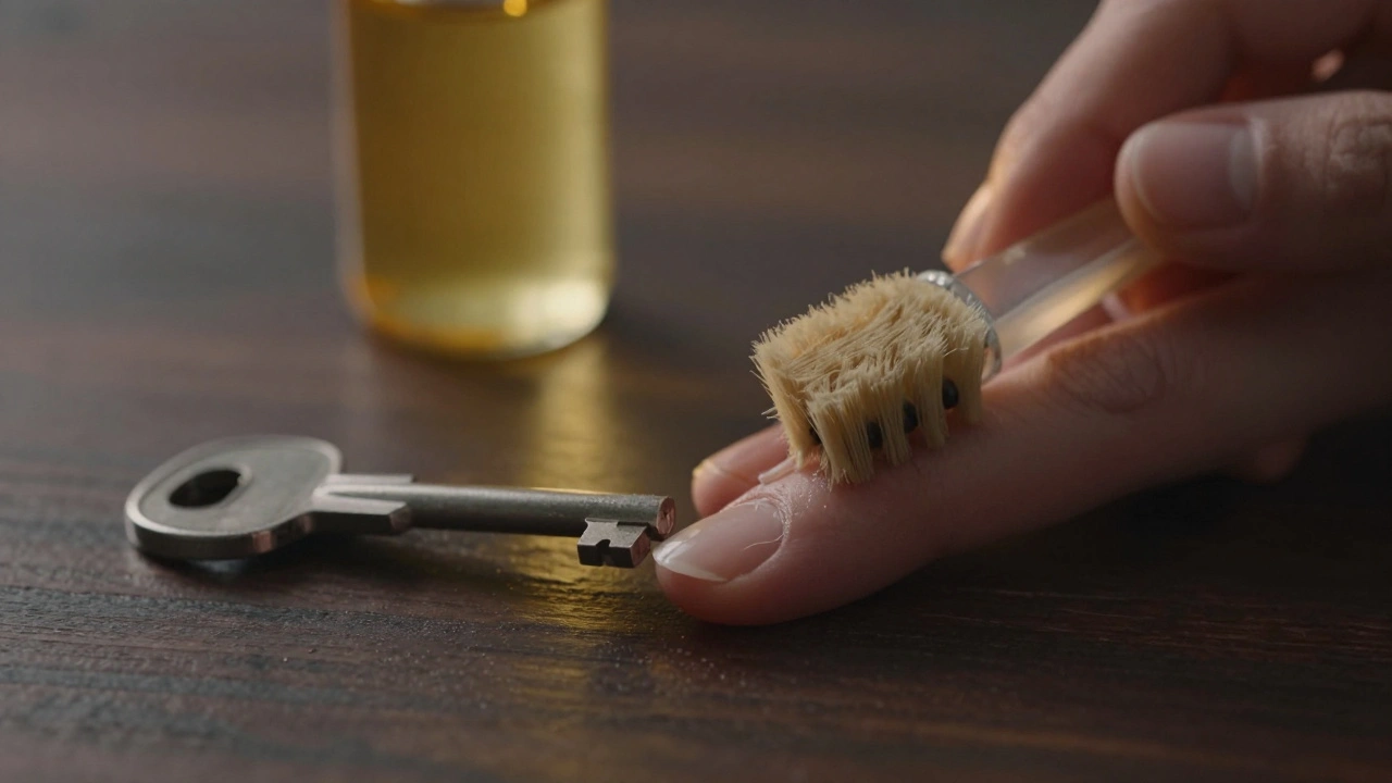 Lámavý neht se láme pod kovovým klíčem, zatímco ruka aplikuje mandlový olej.