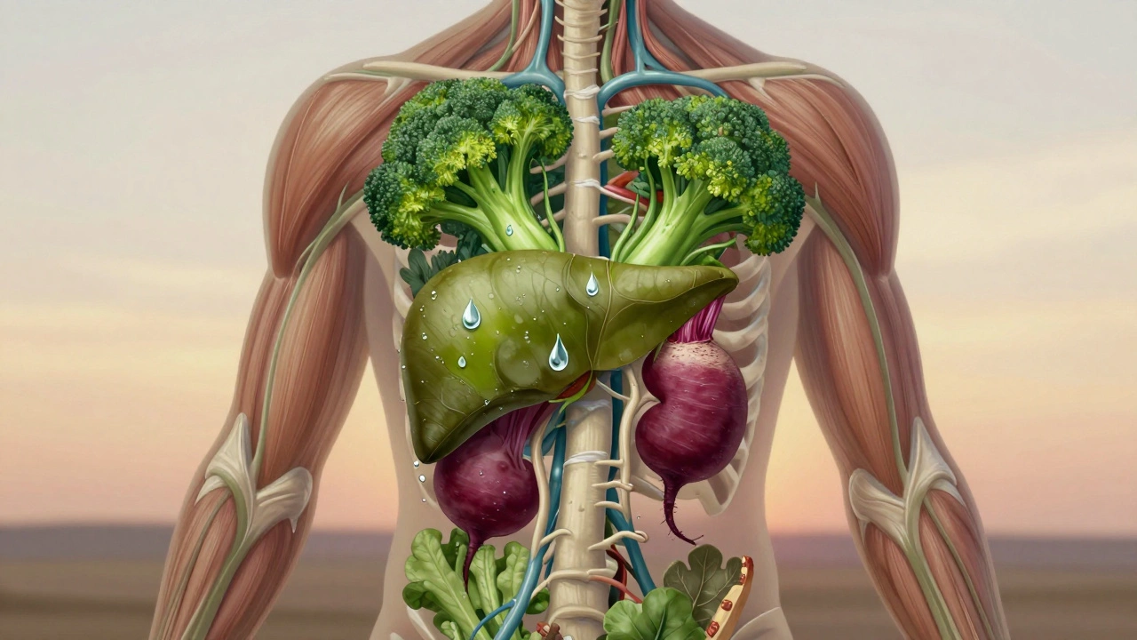 Lidský silueta naplněná zeleninou a vodou, symbolizující přirozenou detoxikaci.