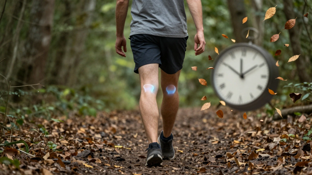 Osoba chodí po stezce, její kolena září jemně modře, symbolizující dlouhodobou podporu kloubů.