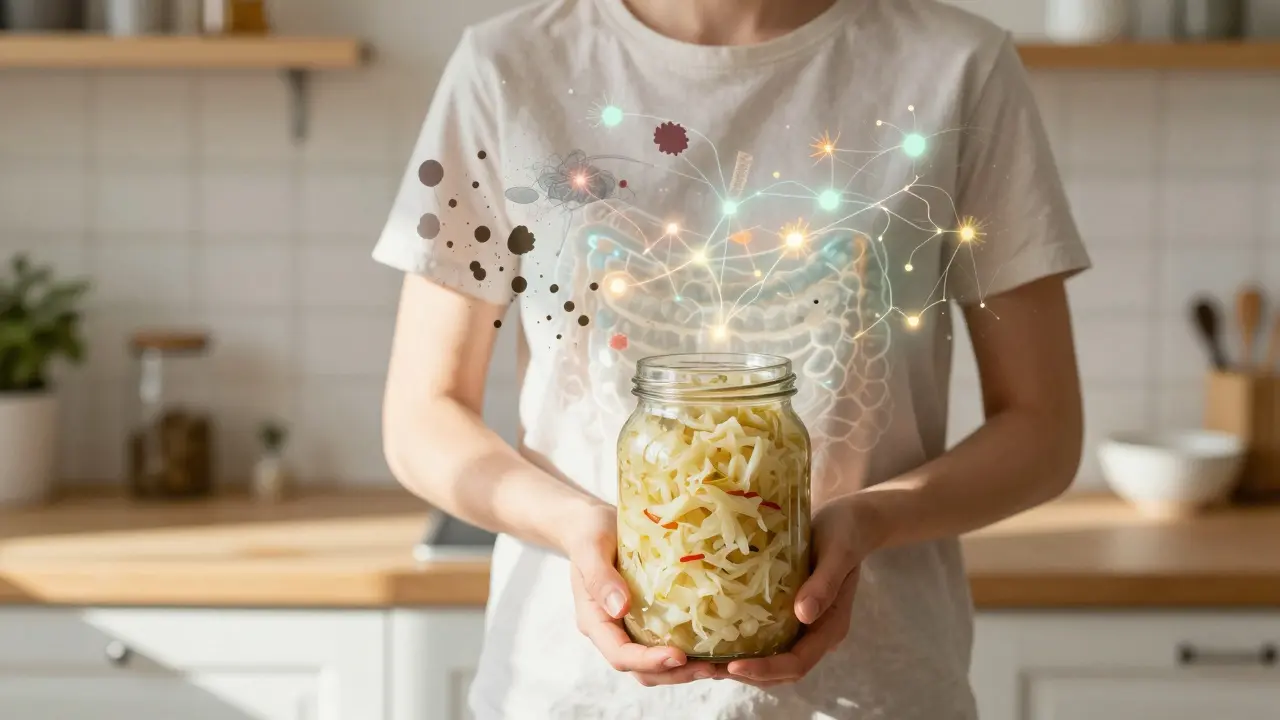 Osoba drží kvasené zelí, zatímco v pozadí se její vnitřní mikroflóra obnovuje.
