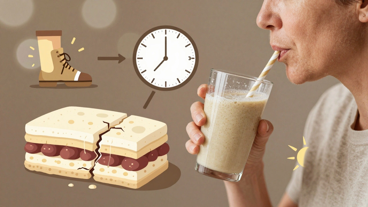 Osoba pije ráno kolagen s vitamínem C, kolem ní symbolické znaky obnovy kloubů a času