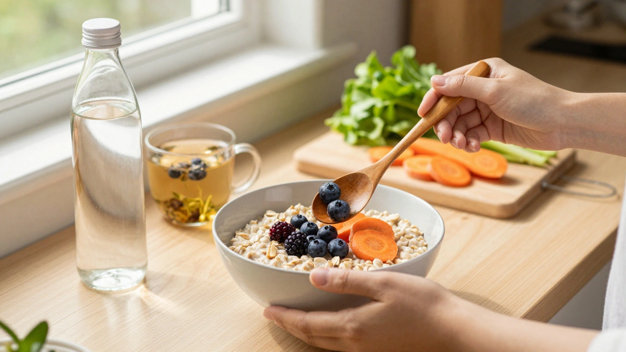 Příprava zdravého jídla v kuchyni s celozrnnou kaší a čerstvou zeleninou.
