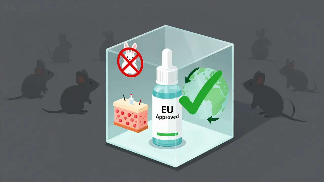 Průhledná krabice s kosmetikou a symboly, které znázorňují testování na zvířatech a alternativní metody.