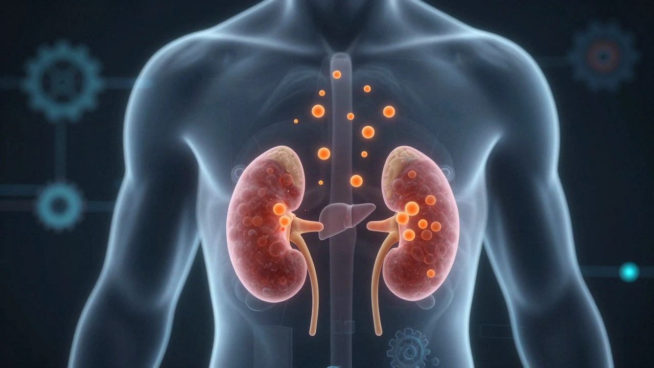 Průhledný lidský tělo s vylučovanými molekulami vitamínu C přes ledviny a přizpůsobením v játrech.