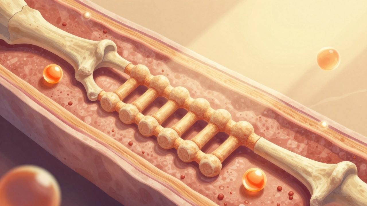 Průřez kloubu ukazující kolagenové peptidy obnovující chrupavku s vitamínem C a magnéziem.