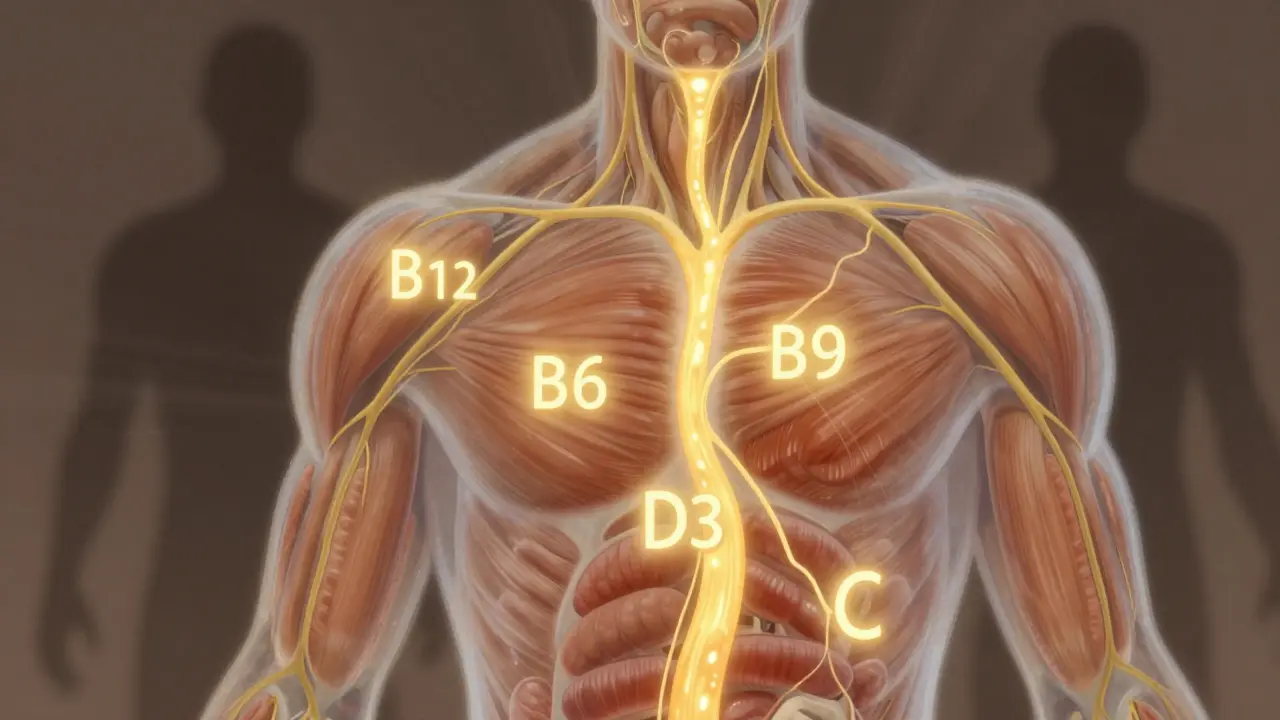 Průřez lidského těla s proudy vitamínů B12, D3 a C napájejících buňky energií.