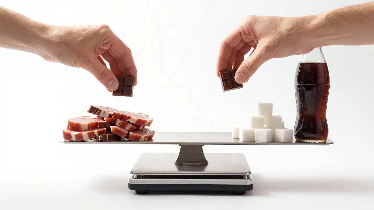 Ruce klade kousek tmavé čokolády na váhu proti hromadě cukru, klobás a limonády, symbolizující výběr mezi zdravím a škodlivostí.