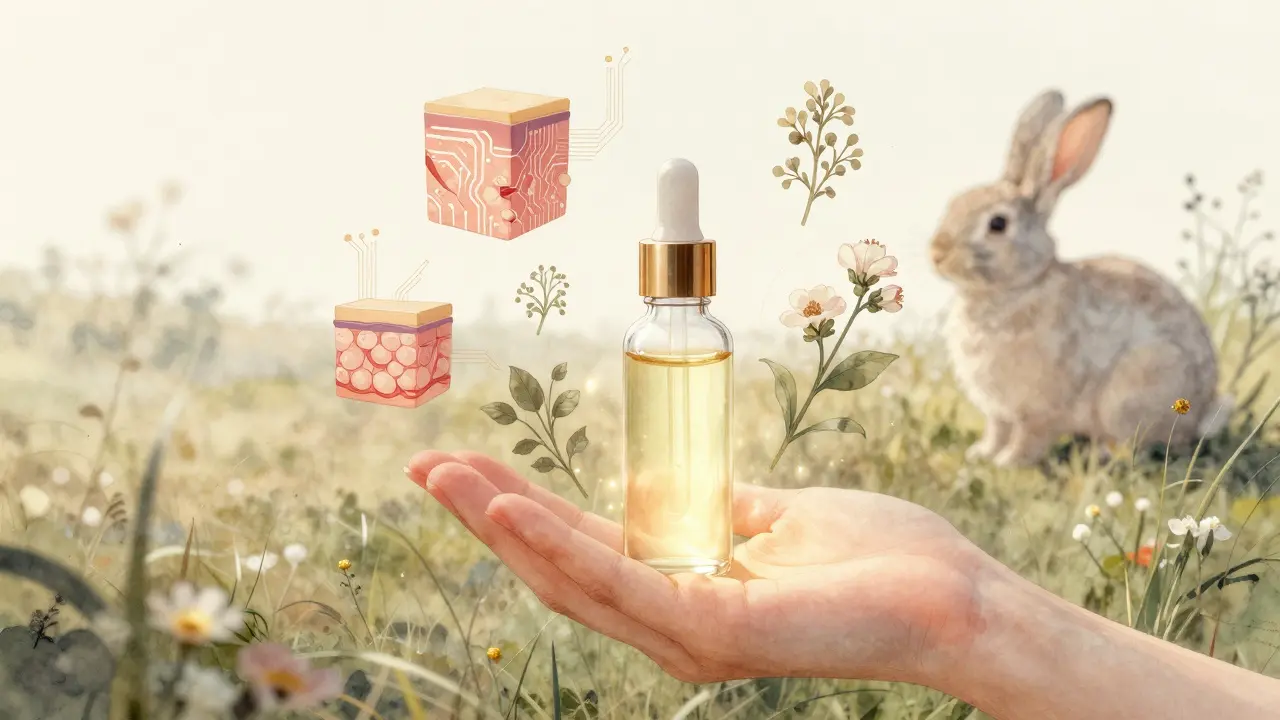 Ruka drží láhev kosmetiky, kolem ní plavou lidská kůže, AI a rostliny, králík v pozadí v přírodě.
