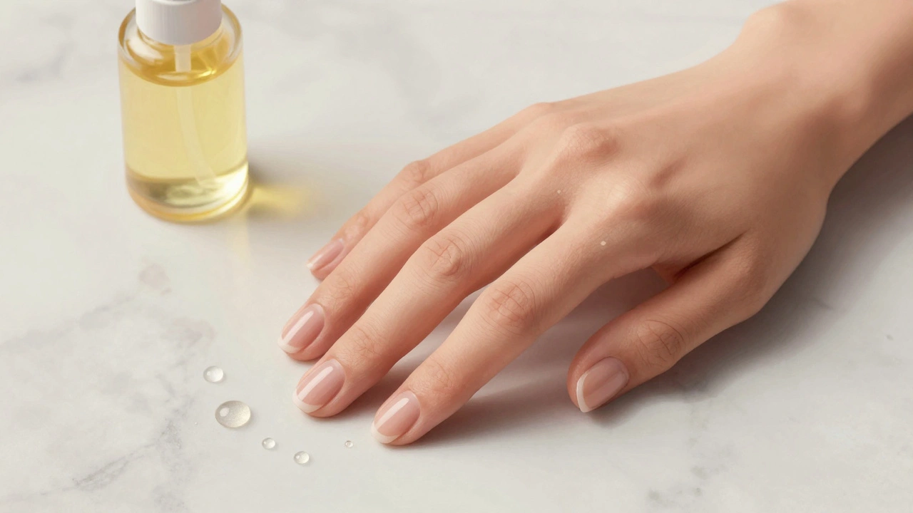 Ruka s přirozeně vypadajícími nehty, obklopená olejem a odstraňovačem bez acetonu.