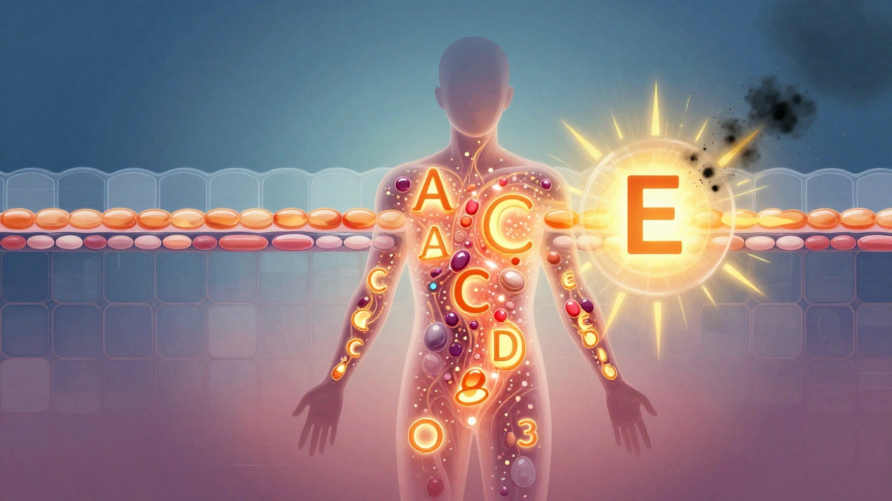 Transparenční silueta těla s vitamíny A, C, E, D a B3 proudícími do kůže a obnovujícími její bariéru.