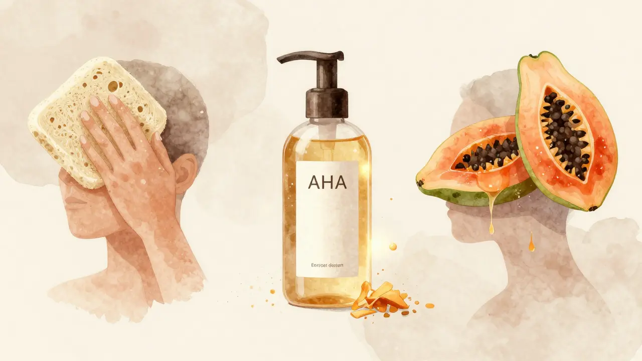 Tři typy exfoliace: fyzická, chemická a enzymatická, znázorněné jako symbolické procesy na lidském těle.